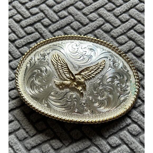 Montana Silversmiths Vintage Flying Eagle Belt Buckle Silver Plate Gold Tone - Picture 1 of 8